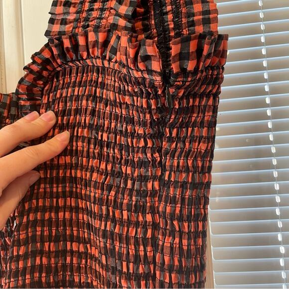 Ganni Smocked Gingham Midi Dress Orange and Black Sleeveless Dress NWT - Picture 5 of 16